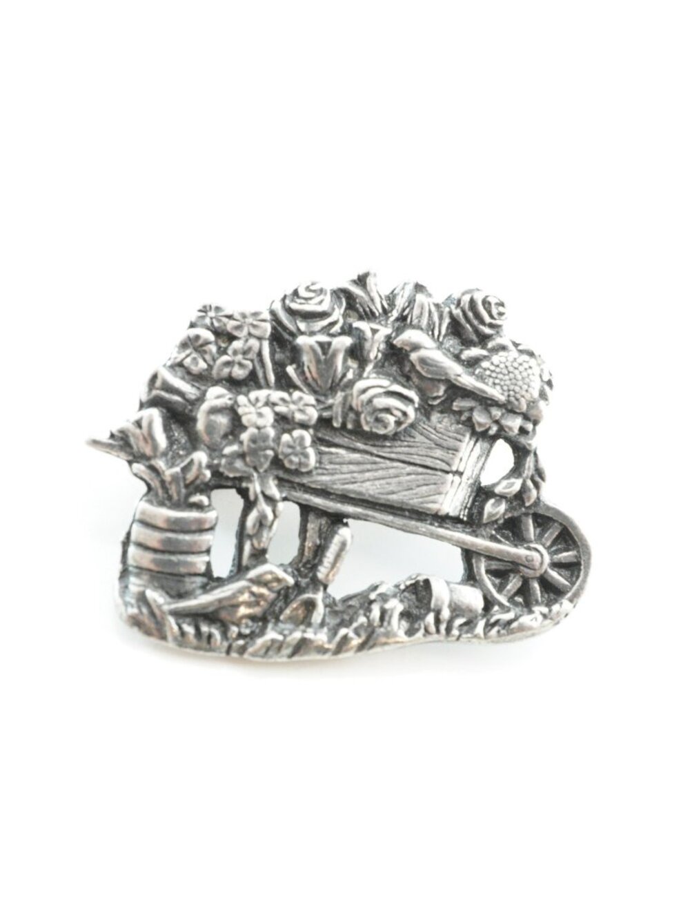 Birds & Blooms Limited Edition 2001 Pewter Pin Brooch Wheelbarrow Floral Design